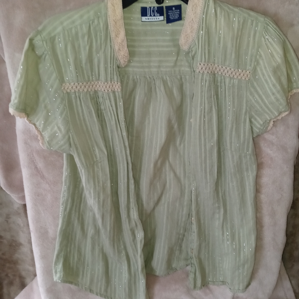Green and beige short-sleeve button-up shirt